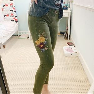 Zara Floral embroidered olive jeans
